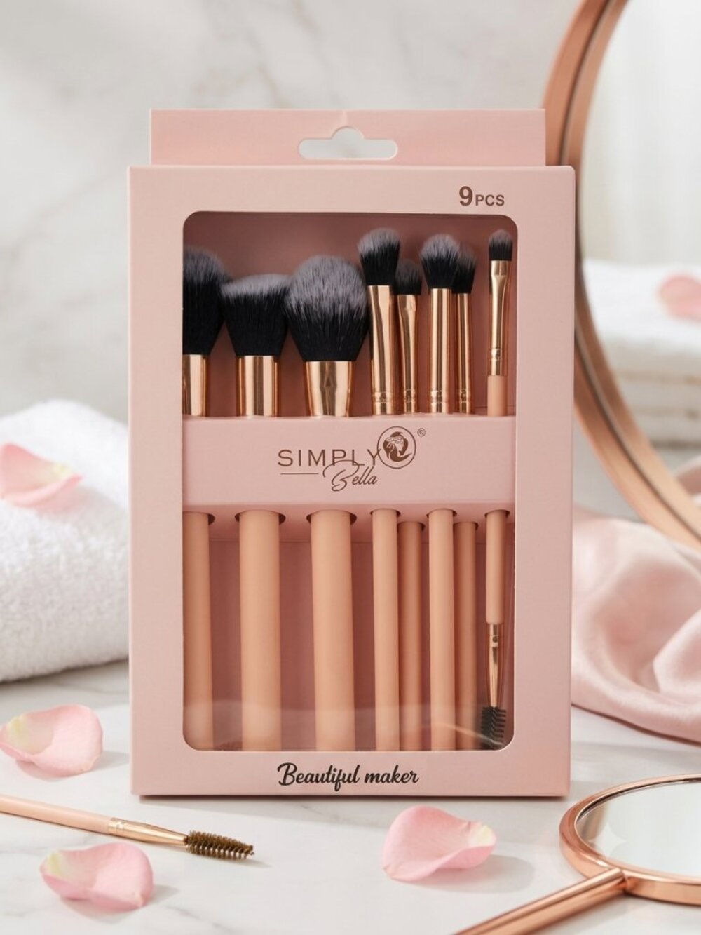 Simply Bella Beautiful Maker 9 Pcs Makeup Brush Set Pink Gold NIB